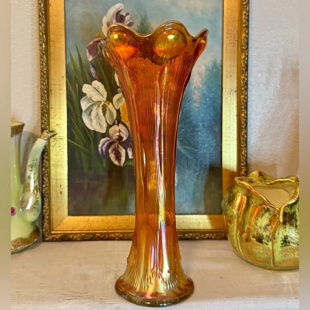 Antique Imperial Carnival Glass 1912 Marigold Beaded Bullseye Swung Vase